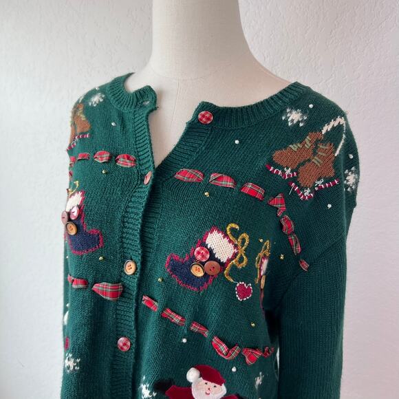 Vintage 90s Christmas Button Up Cardigan Sweater Santa Hearts Green Medium - Picture 9 of 9